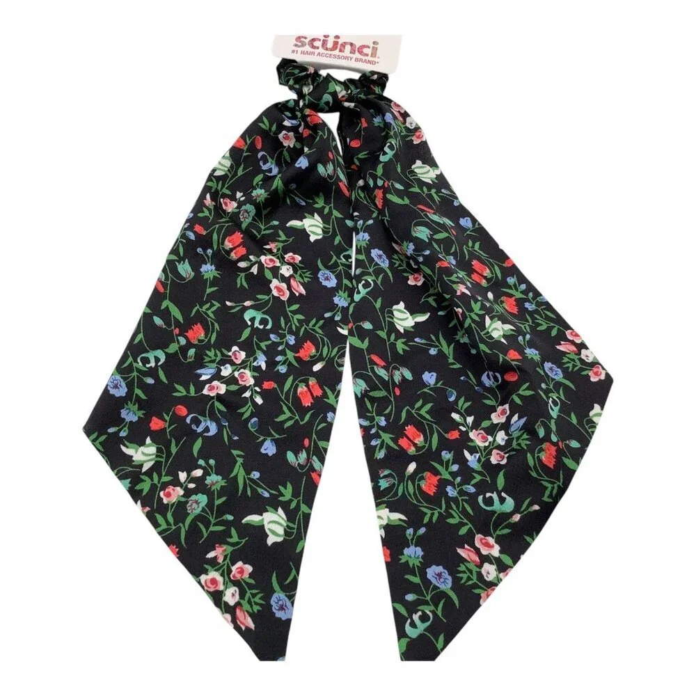 Scunci U Got This Women's Black Floral Satin Hair Scrunchie Scarf 12524